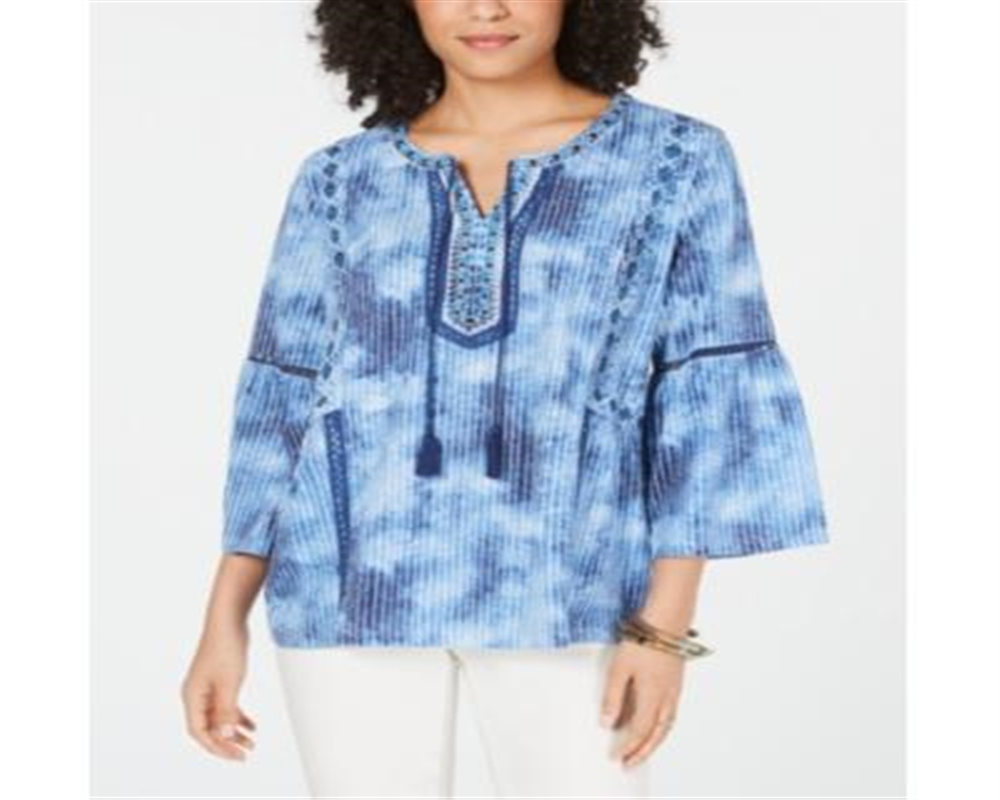 Style & Co Women's Split-Neck Tassel Trim Top Blue Size X-Small