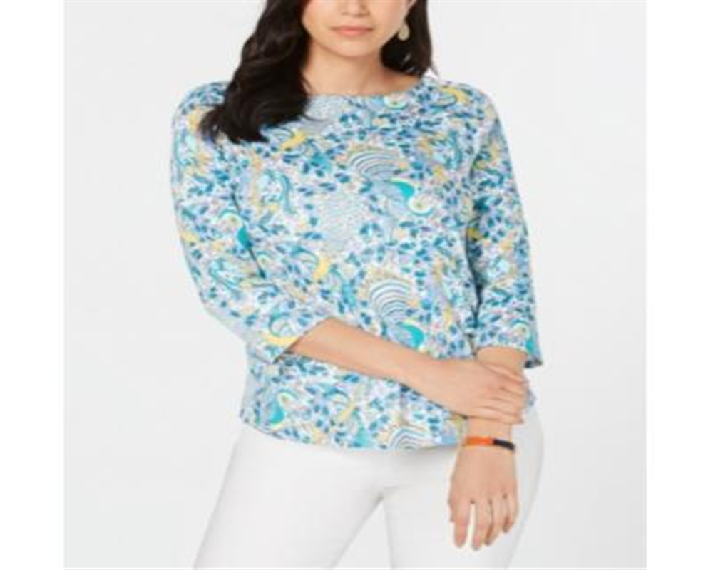 Charter Club Women's Cotton Printed Top Green Floral Size PSM