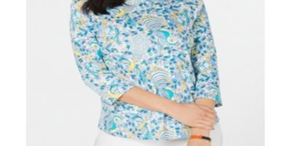 Charter Club Women's Cotton Printed Top Green Floral Size PSM