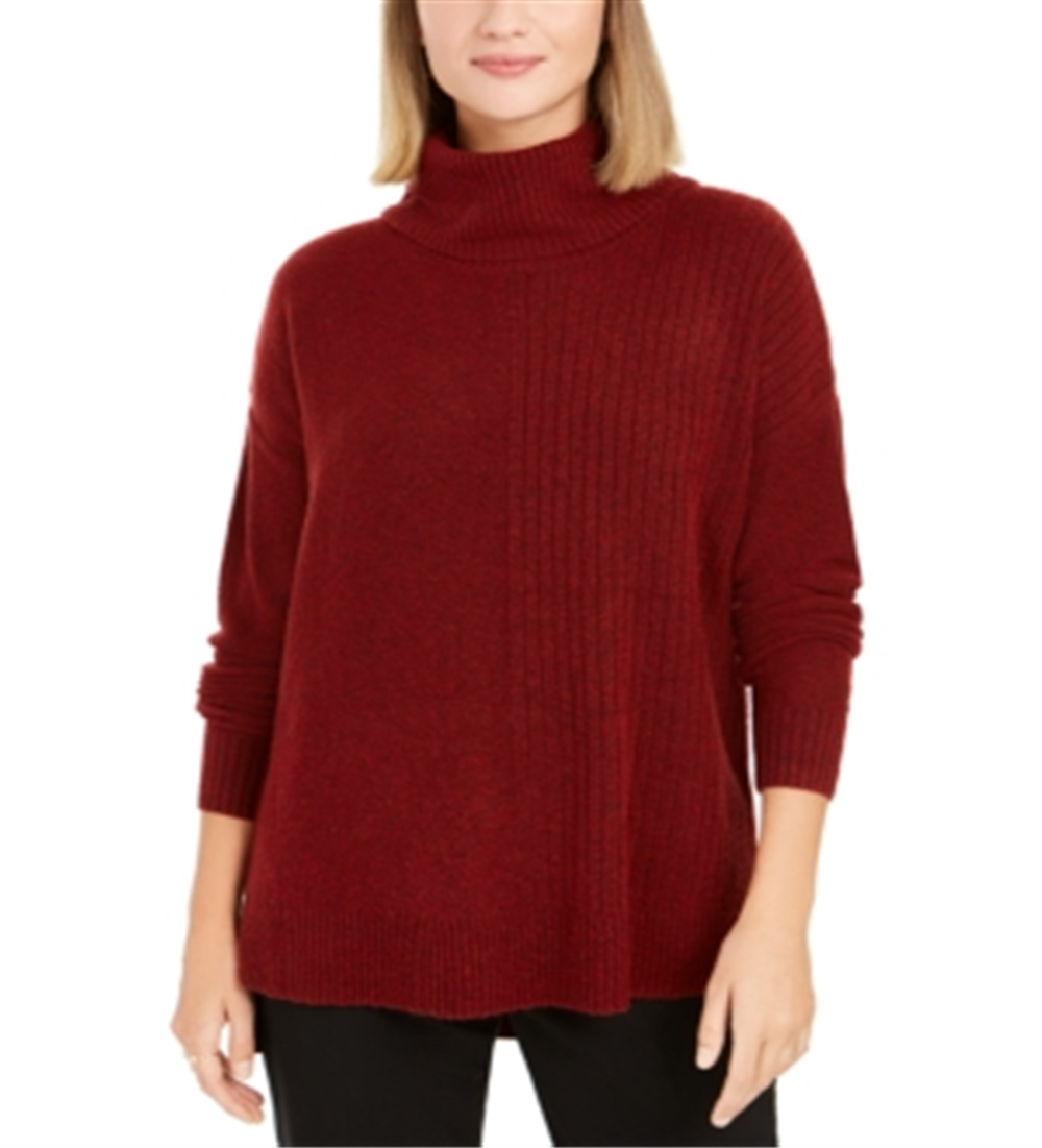Style & Co Women's Mixed Stitch Ribbed Turtleneck Tunic Sweater Red Size Small