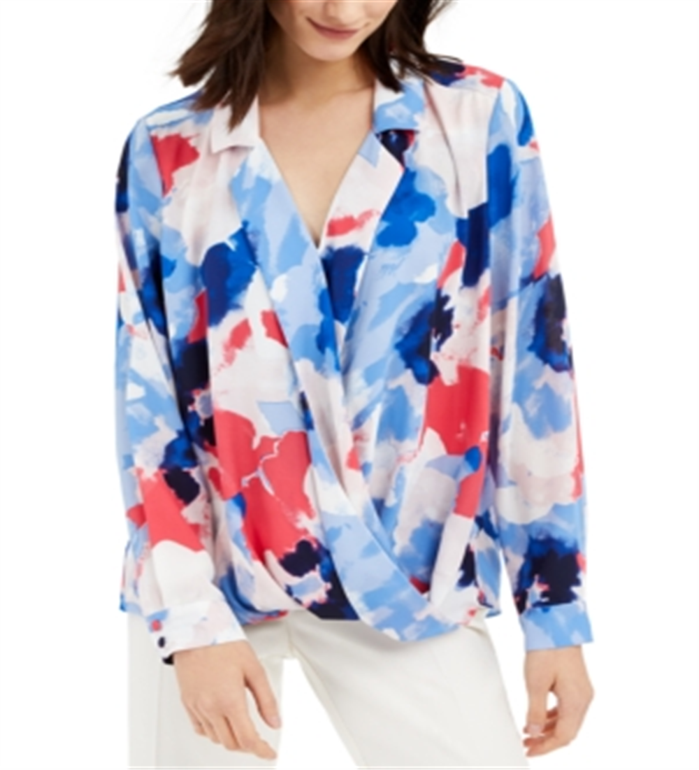 Alfani Women's Printed Surplice Top Blue Size Petite L