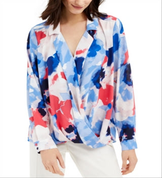 Alfani Women's Printed Surplice Top Blue Size Petite L