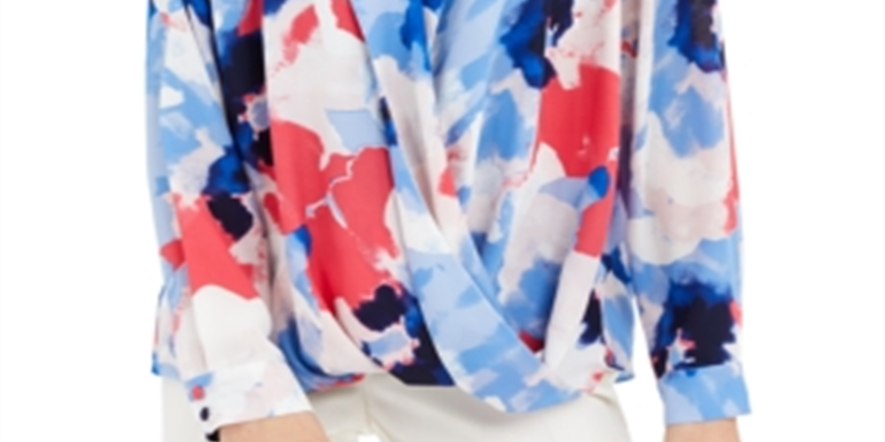 Alfani Women's Printed Surplice Top Blue Size Petite L