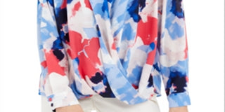 Alfani Women's Printed Surplice Top Blue Size Petite L