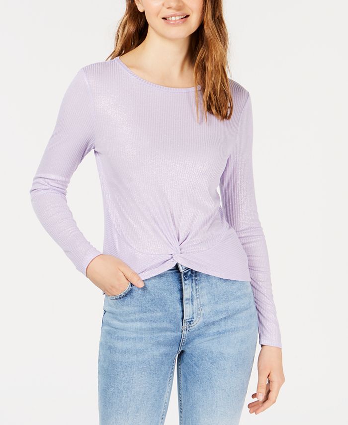Planet Gold Junior's Twist Front Long Sleeve Top Purple Size XS