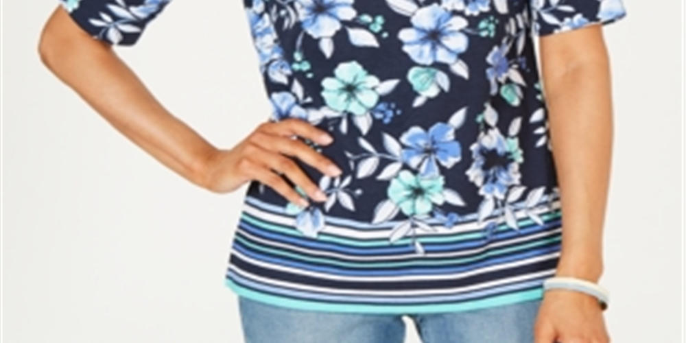Karen Scott Women's Printed Boat Neck Top Blue Size Petite S