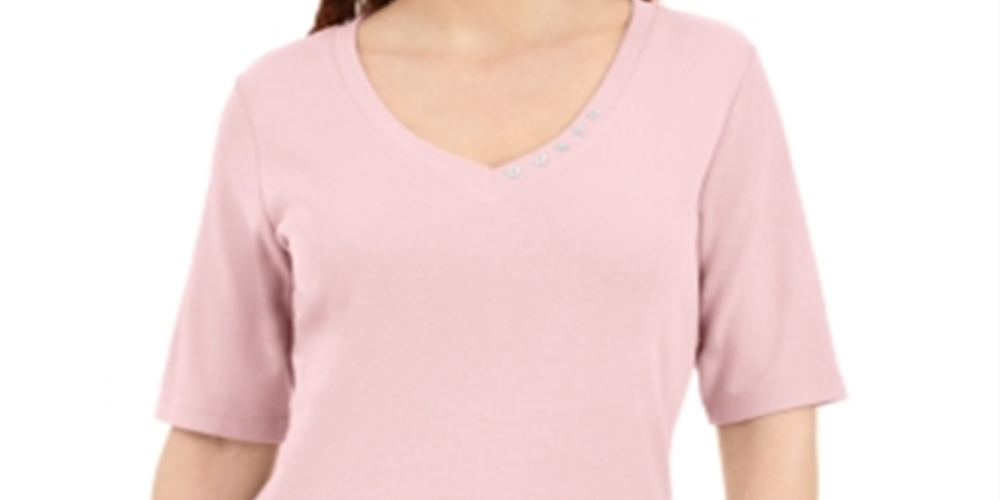 Karen Scott Women's Button Detail V Neck Top Pink Size Medium