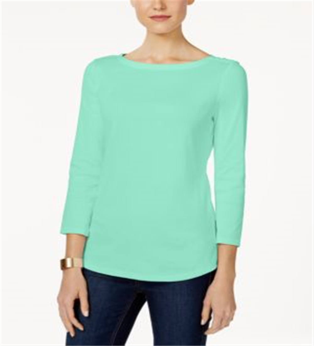Charter Club Women's Pima Cotton Boat Neck Button Shoulder Top Blue Size Large