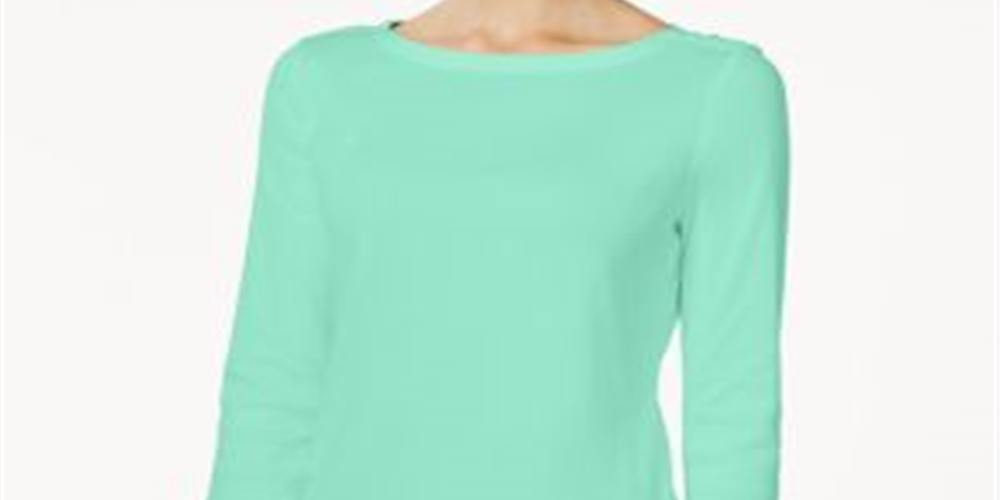 Charter Club Women's Pima Cotton Boat Neck Button Shoulder Top Blue Size Large