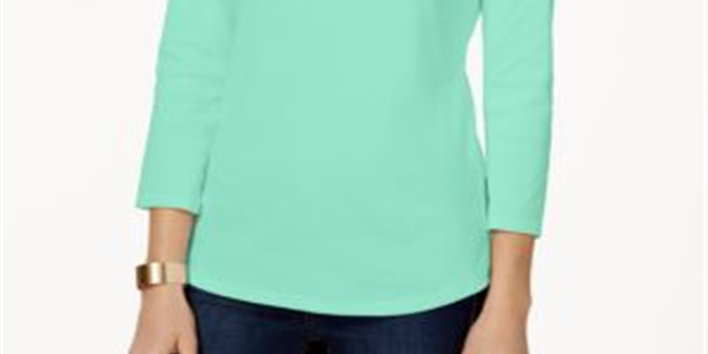 Charter Club Women's Pima Cotton Boat Neck Button Shoulder Top Blue Size Large