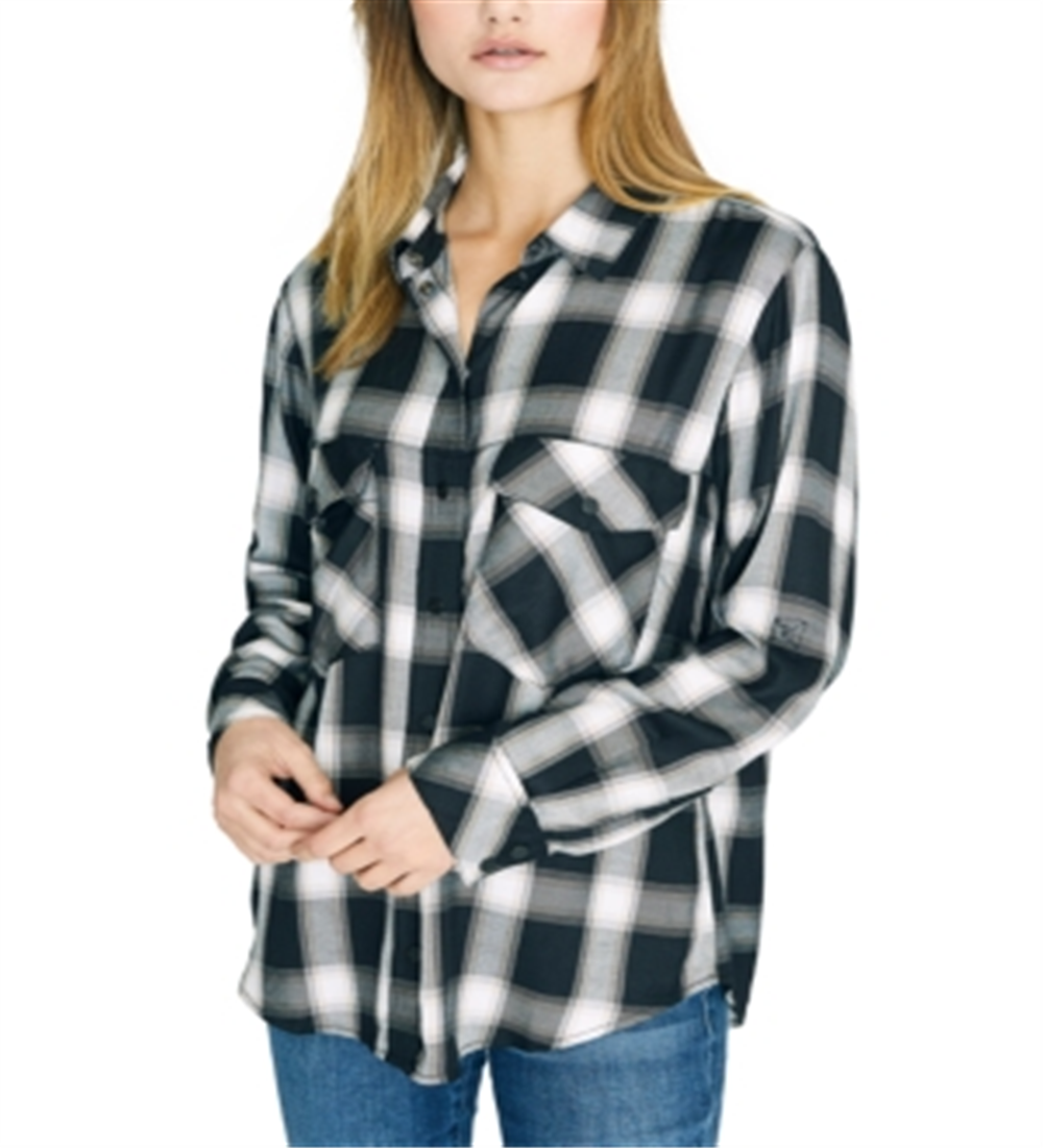 Sanctuary Women's Plaid Long Sleeve Collared Button up Top Black Size Small