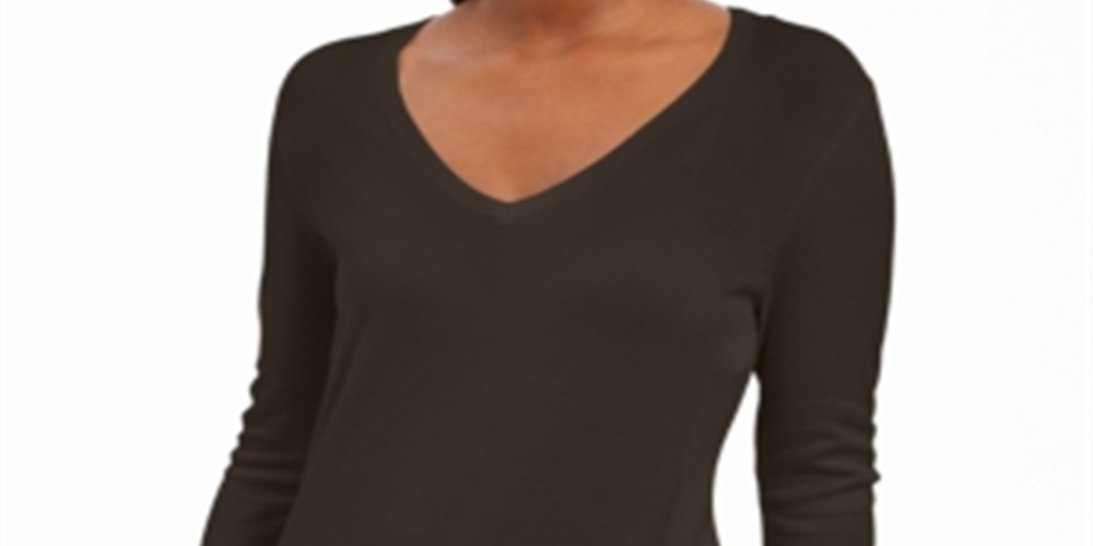 JM Collection Women's Embellished Sleeve V Neck Sweater Brown  Size Small