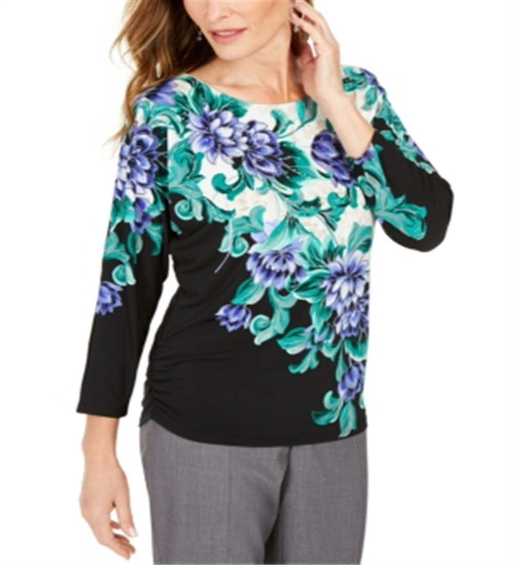 JM Collection Women's Printed Embellished Dolman Sleeve Top Black Size Small