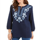 Charter Club Women's Metallic Embroidery Linen Blend Tunic Blue Size X-Small