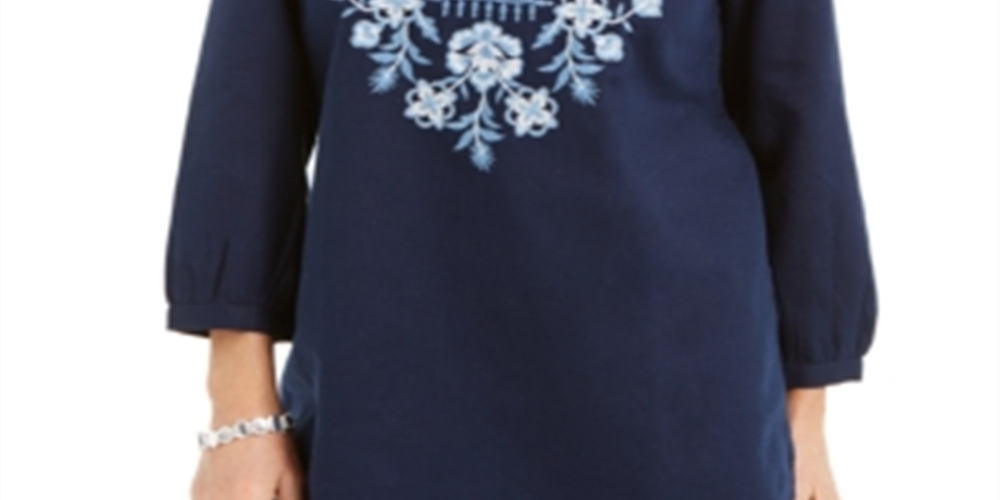 Charter Club Women's Metallic Embroidery Linen Blend Tunic Blue Size X-Small