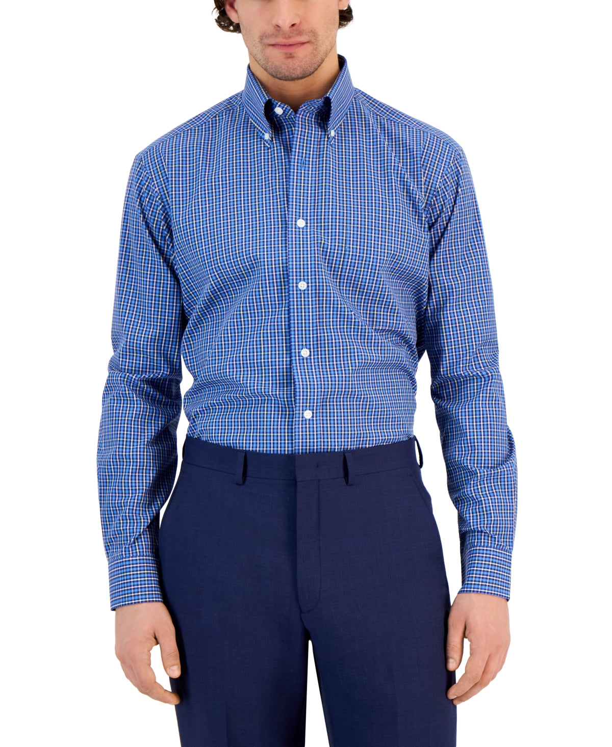 Club Room Men's Regular Fit Ditto Plaid Dress Shirt Blue Size 15X32X33