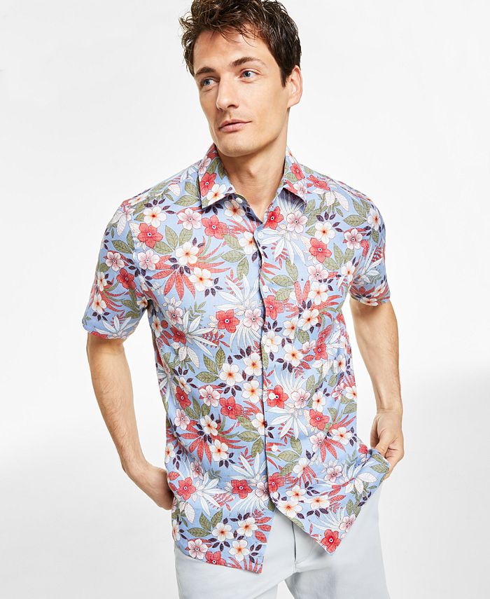 Club Room Men's Short Sleeve 100% Linen Floral Shirt  Purple Size Small