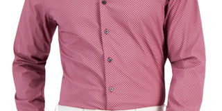 Alfani Men's Slim Fit Stain Resistant Puzzle Print Dress Shirt Red Size 15X34X35