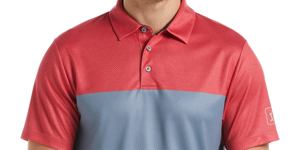 PGA TOUR Men's Athletic Fit Airflux Birdseye Block Print Short Sleeve Golf Polo Shirt Red Size X-Large