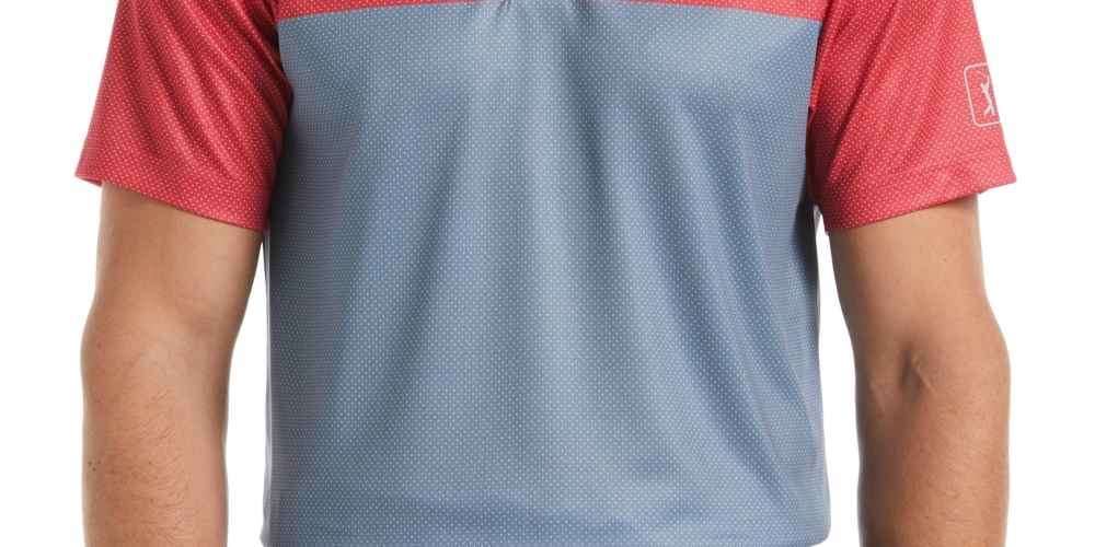 PGA TOUR Men's Athletic Fit Airflux Birdseye Block Print Short Sleeve Golf Polo Shirt Red Size X-Large