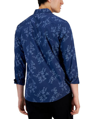 Alfani Men's Dotted Floral Print Button Front Long Sleeve Shirt Blue Size X-Large