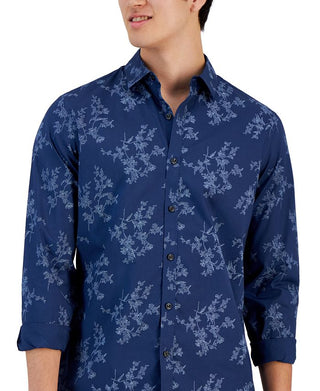 Alfani Men's Dotted Floral Print Button Front Long Sleeve Shirt Blue Size X-Large