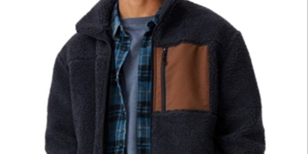 COTTON ON Men's Pocket Teddy Zip Through Fleece Sweater Blue Size Large