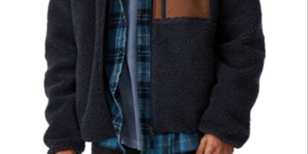 COTTON ON Men's Pocket Teddy Zip Through Fleece Sweater Blue Size Large