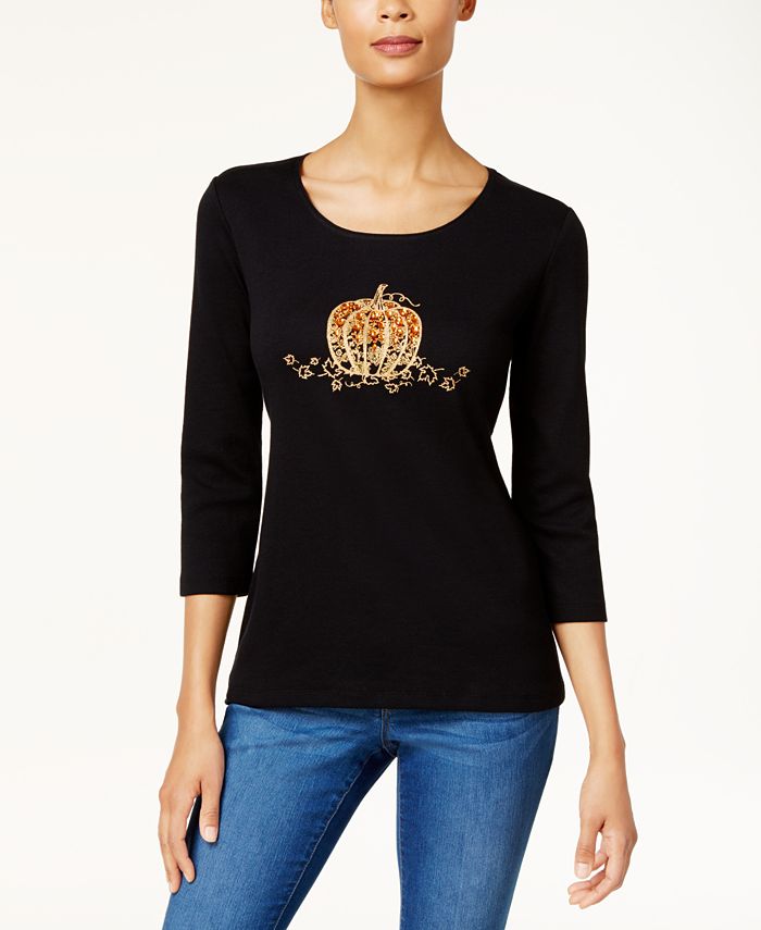 Karen Scott Women's Cotton Embellished Graphic Print T-Shirt Black Size X-Large