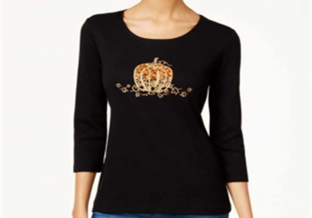Karen Scott Women's Cotton Embellished Graphic Print T-Shirt Black Size X-Large