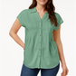 Style & Co Women's Pleated Cuffed Sleeve Top Green Size Large