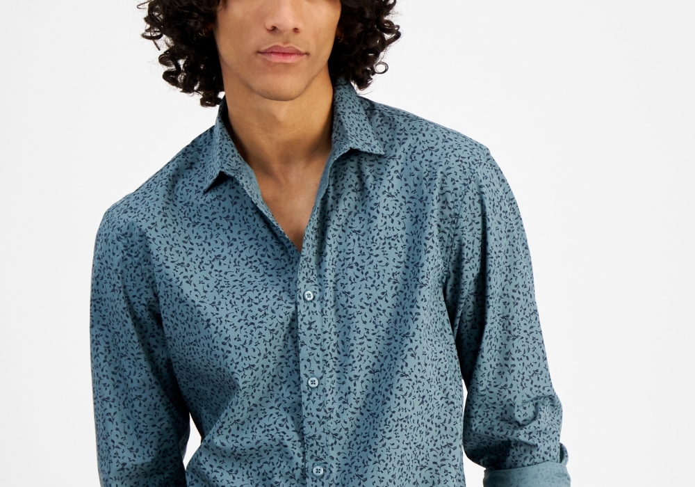 INC International Concepts Men's Regular-Fit Floral Ditsy-Print Shirt Blue Size X-Small