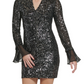 Calvin Klein Womens Sequined Bell Sleeve Bodycon Dress Black Size 2 (XS)