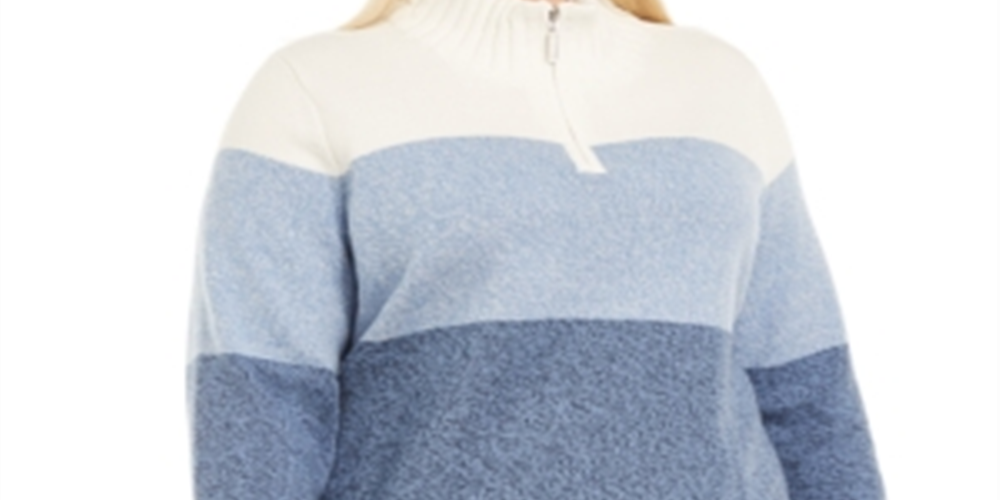 Karen Scott Women's Kathleen Striped Cotton 1/4 Zip Sweater Blue Size 3X