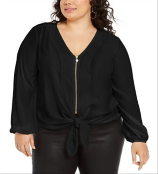 NY Collection Women's Pebble Crepe Tie Front Top Black Size 3X