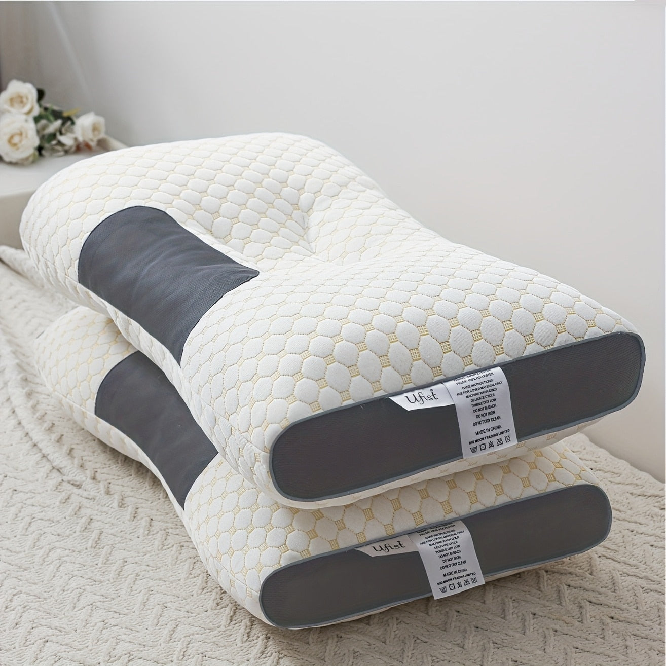 Set of 2 Ergonomic Cervical Neck Pillows Orthopedic Contour Support Bed Pillow with Washable Covers  Beige