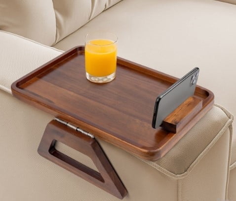 Smart Design Acacia Armrest Tray Brown NonSlip Sofa Arm Clip Table for Drinks Snacks  Devices