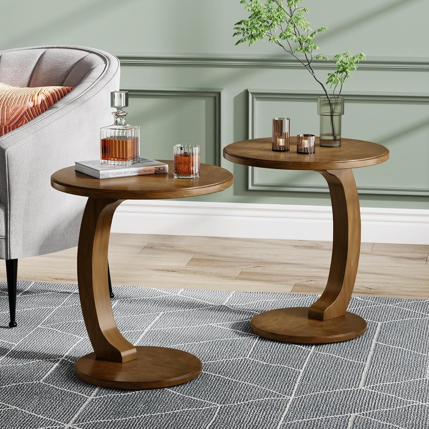 Solid Wood Round End Table Mid Century CShaped Side Table for Living Room  Bedroom