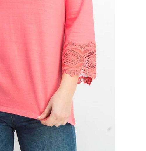 Charter Club Women's Cotton Lace-Trim Top Dark Pink Size Petite Medium