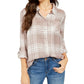 Style & Co Women's Sparkle Plaid Shirt Beige Size Small