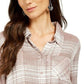 Style & Co Women's Sparkle Plaid Shirt Beige Size Small
