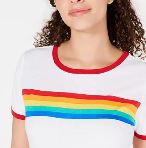 Love Tribe Juniors' Rainbow Stripe Graphic Ringer T-Shirt White Size Large
