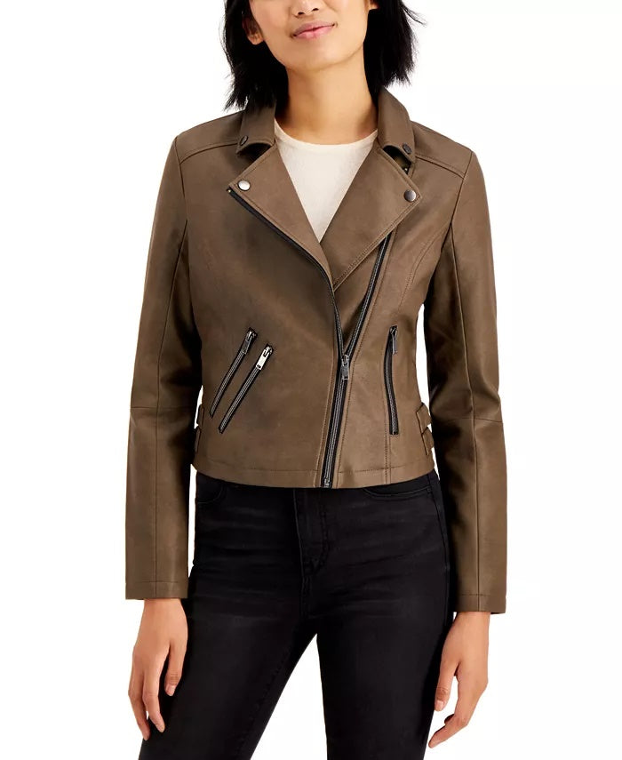 Coffeeshop Junior's Faux Leather Moto Jacket Beige Size Small