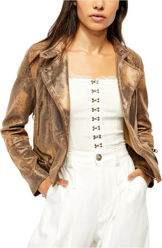 Free People Women's Fenix Snake Embossed Faux Leather Moto Jacket Black Charcoal - Size Medium
