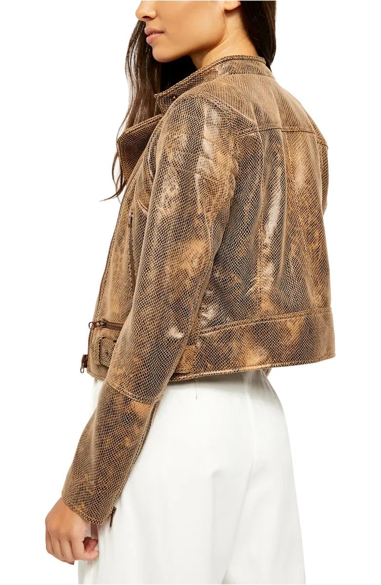 Free People Women's Fenix Snake Embossed Faux Leather Moto Jacket Black Charcoal - Size Medium