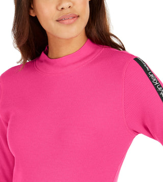 Calvin Klein Women's Performance Logo-Stripe Mock-Neck T-Shirt Bright Pink Size X-Large