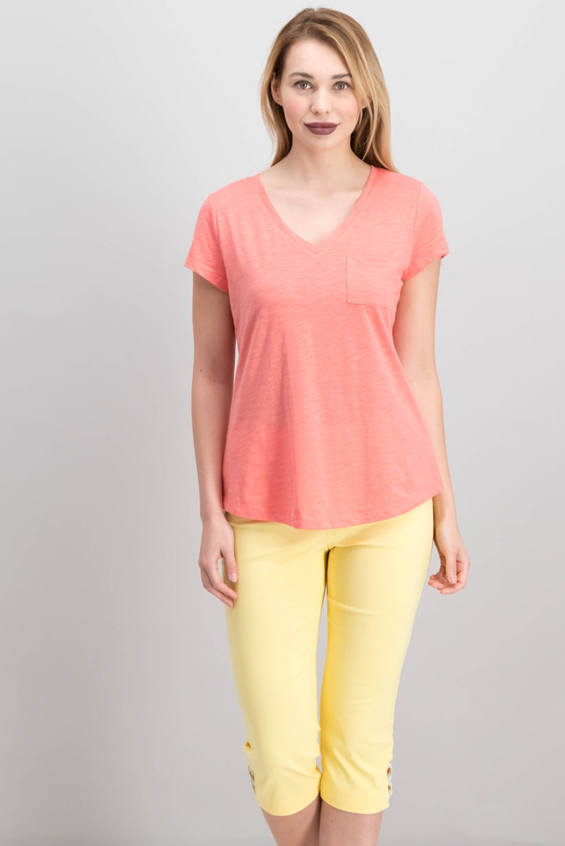 Maison Jules Women's V-Neck Patch-Pocket T-Shirt Dark Pink Size Medium