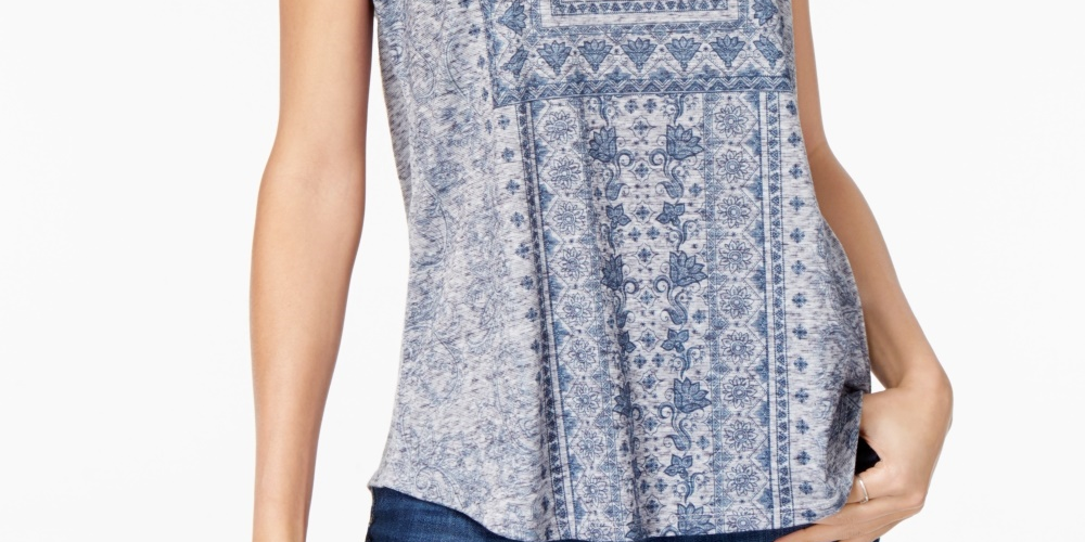 Style & Co Women's Graphic Shirttail-Hem Top  Blue Size X-Small