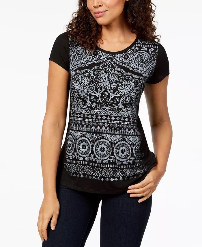 Style & Co Women's Graphic T-Shirt Black Size X-Small