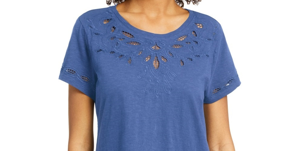 Charter Club Women's Cutout Cotton T-Shirt  Blue Size Medium